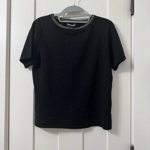 Kasper Knits Women’s Shirt Black Short Sleeve w/ White Striped‎ Collar M Vintage